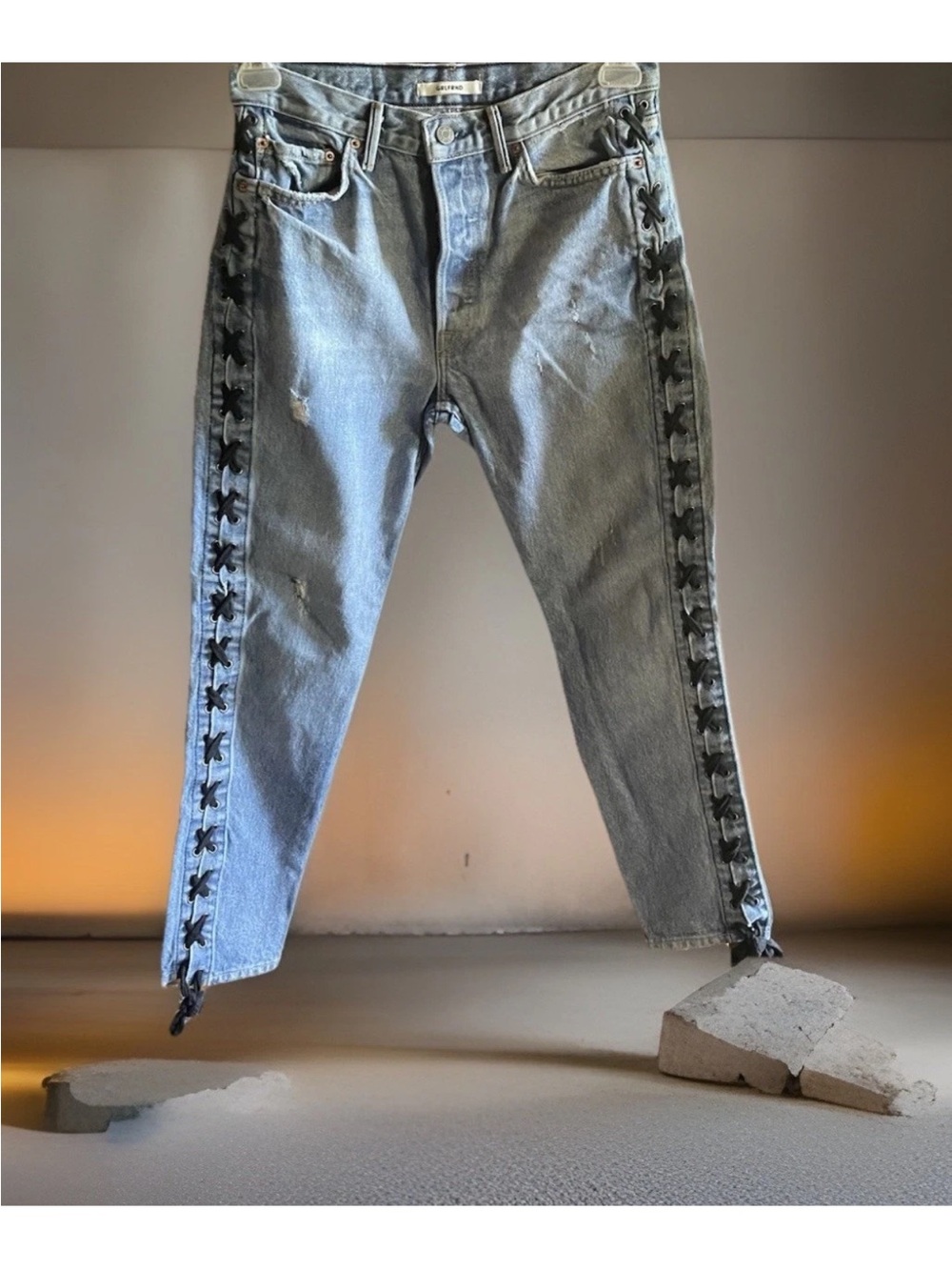 GRLFRND Light Blue Denim Slim Straight Jeans with Black Side Lace-Up